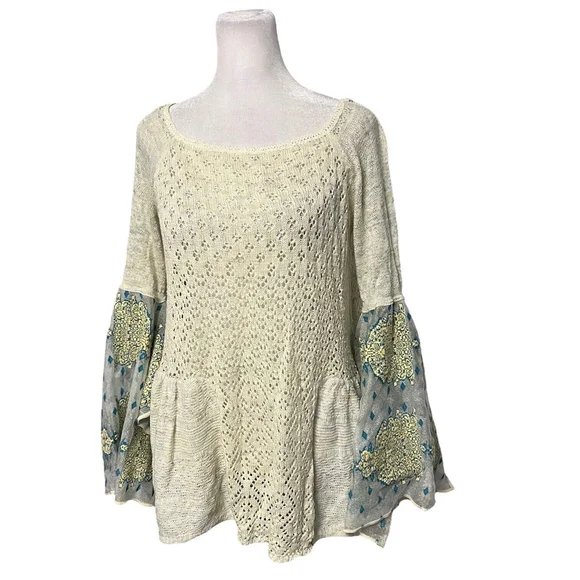 Free People Pointelle Breeze Knit Sweater Bell Sleeves Size Small - Picture 4 of 9